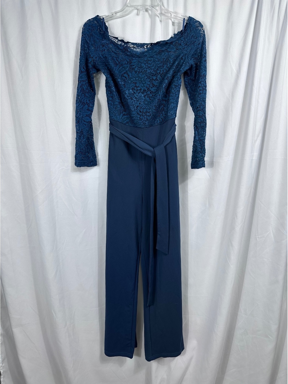 ChicMe Navy Blue Lace Top Jumpsuit with Belt - Medium